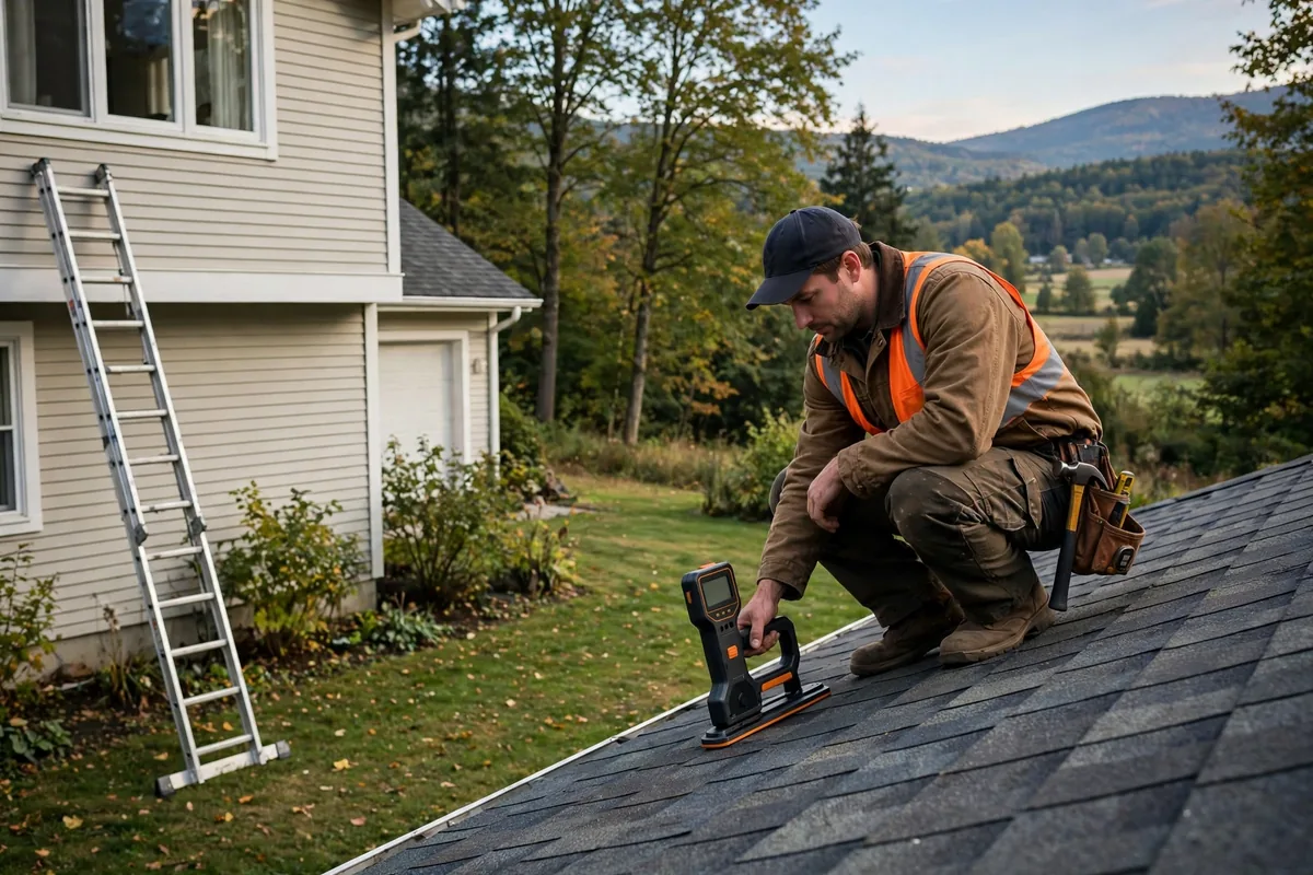 Contractor measuring a roof slope with a digital measuring tool.
