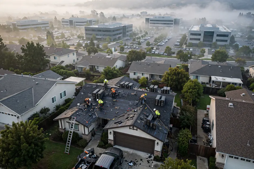 Reemplazo de techos de tejas asfálticas en una casa en Bayhill, San Bruno, CA