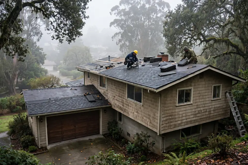 Reemplazo de techos de tejas asfálticas en una casa en Lomita Park, San Bruno, CA