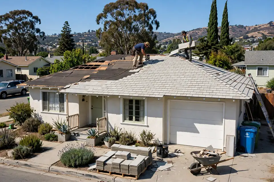 Reemplazo de techos de tejas asfálticas en una casa en Mills Park, San Bruno, CA