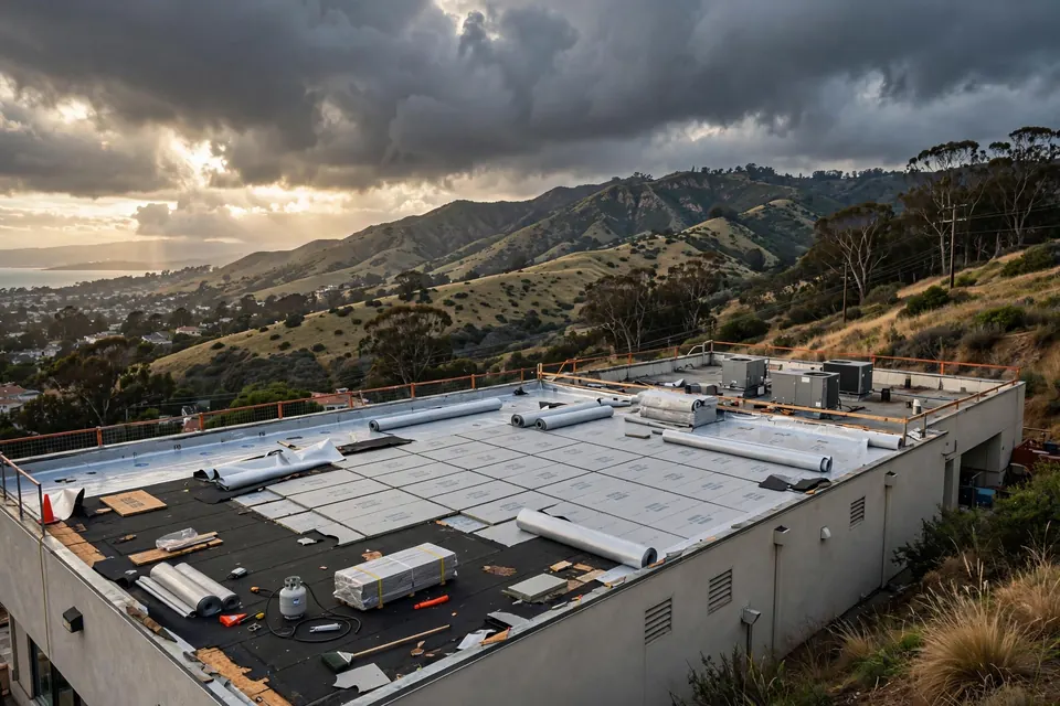 Reemplazo de techos por daños de tormenta en una casa en Tanforan, San Bruno, CA