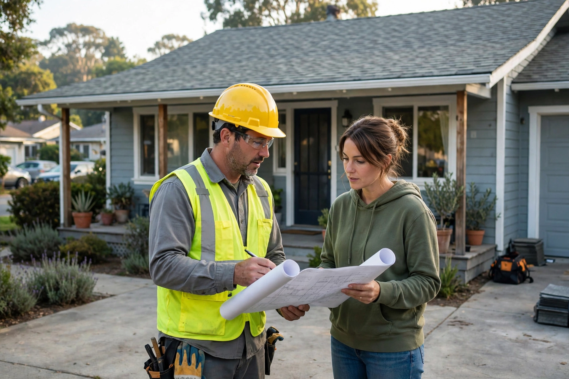 Roofing foreman in a hard hat reviewing plans with a homeowner in front of a San Bruno bungalow with a newly installed roof