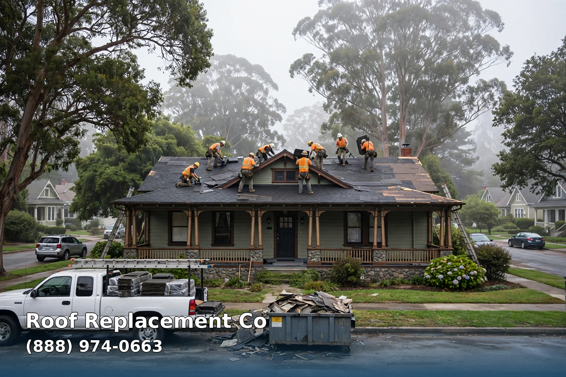 Roofing crew laying new asphalt shingles on a classic California bungalow in San Bruno under soft Bay Area light