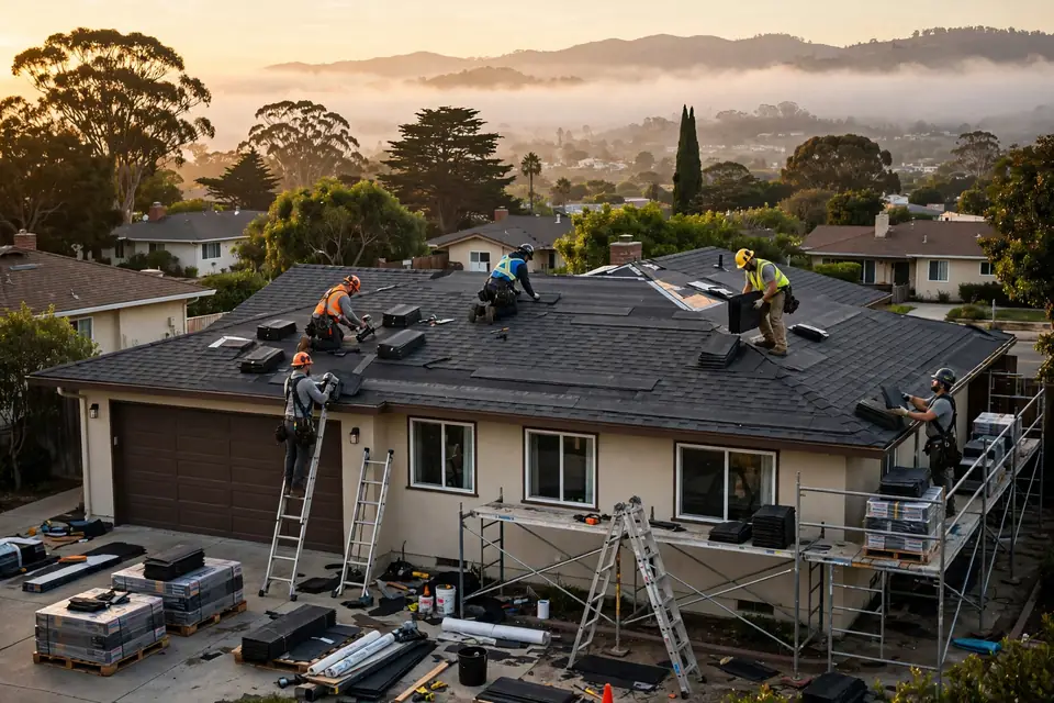 Equipo de techeros instalando tejas asfálticas nuevas en una casa de San Bruno, CA