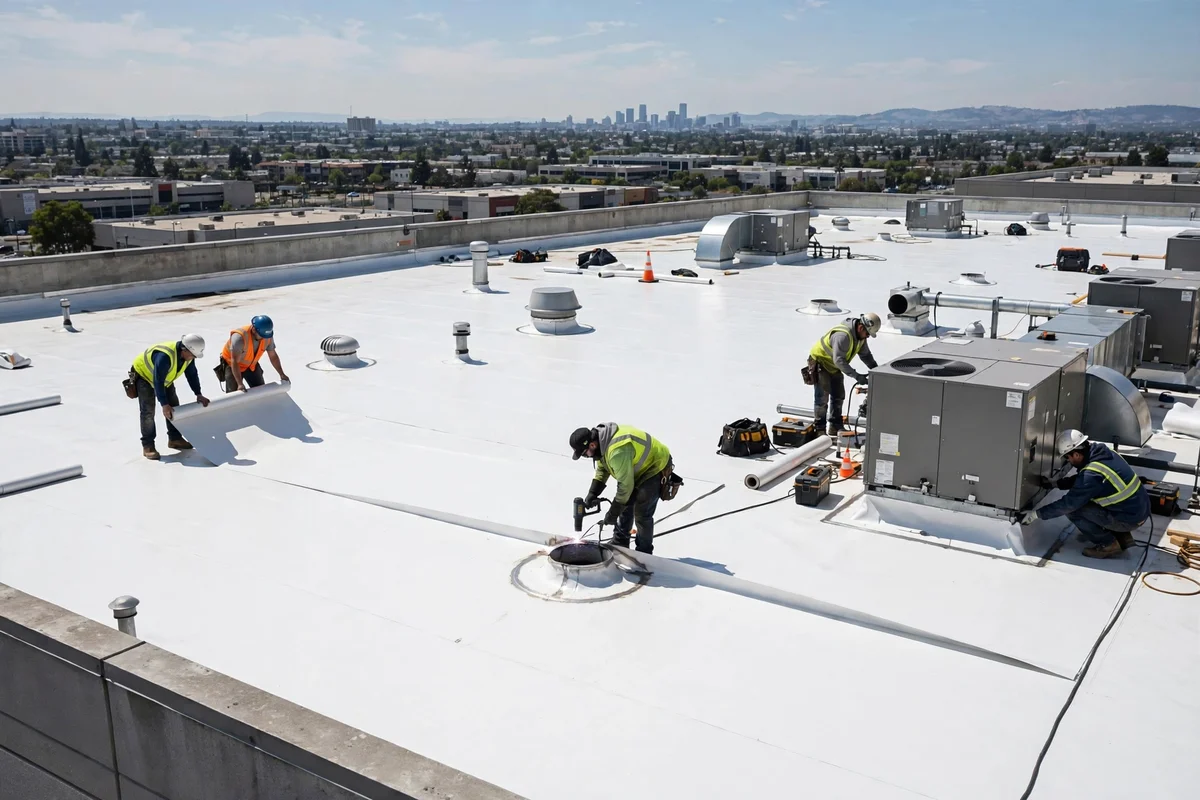 Crew installing a white TPO membrane on a large flat commercial rooftop.