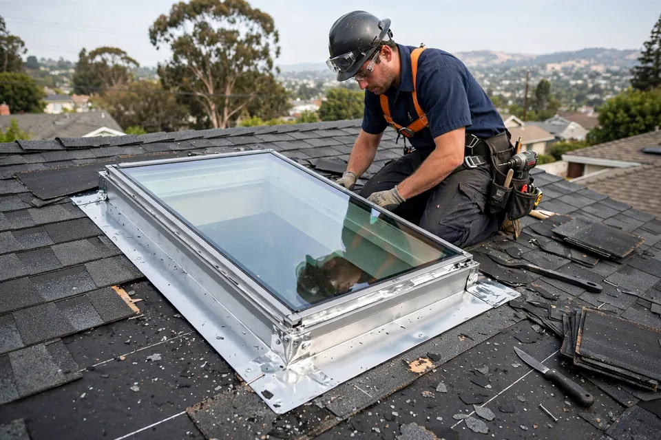 Reemplazo de tragaluces durante el retecho en una casa de San Bruno, CA por Roof Replacement Co